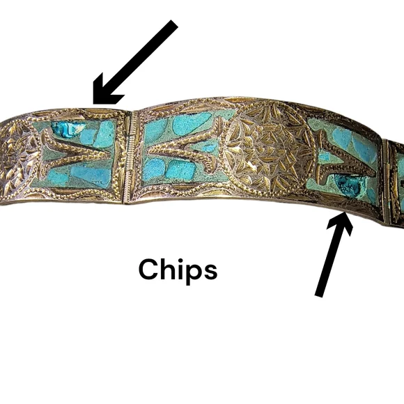 Vintage Mexico Sterling Silver & Crushed Turquoise Inca/Mayan Panel Bracelet - Picture 13 of 13